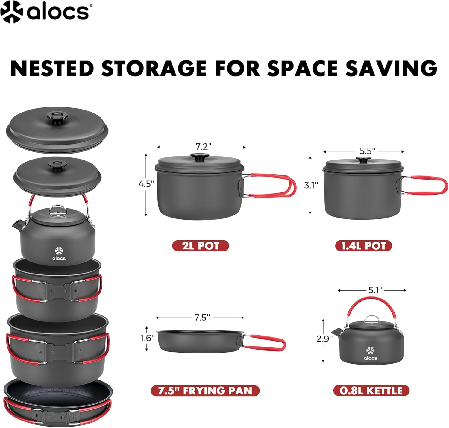 Alocs Camping Cookware Set Camping Gear, Compact Camping Pots and Pans Set, Durable Hard Alumina Camping Cooking Set for Outdoor Backpacking Camping Hiking Picnic, Included Mesh Carry Bag