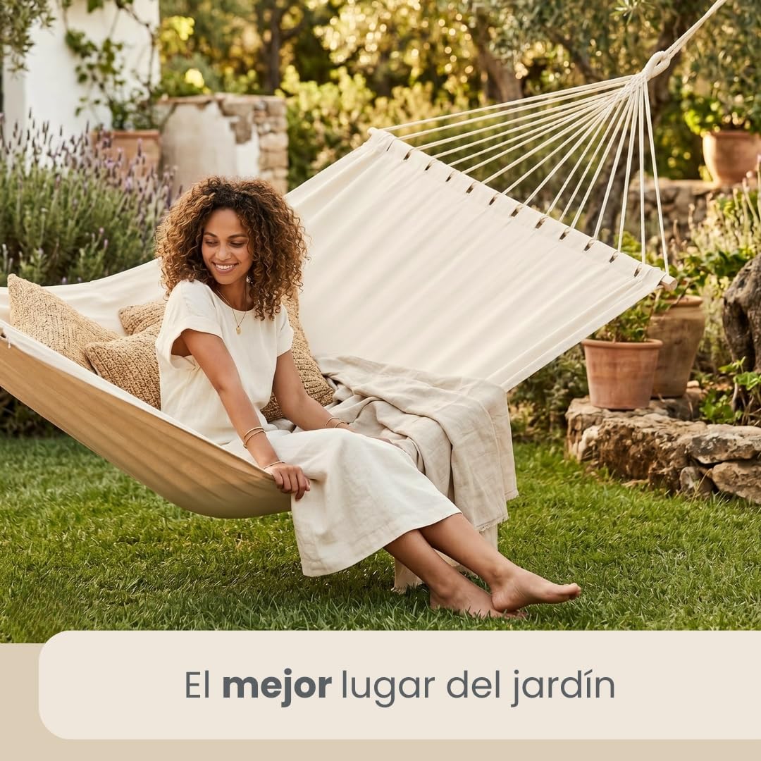 AMANKA XXL Hamaca con Barra Separadora 200x120 cm Beige - Colgante Doble 2 Personas 150kg - Algodón Resistente Exterior & Interior - Balcón Jardín Terraza Campings - 100% Puro Transpirable Natural