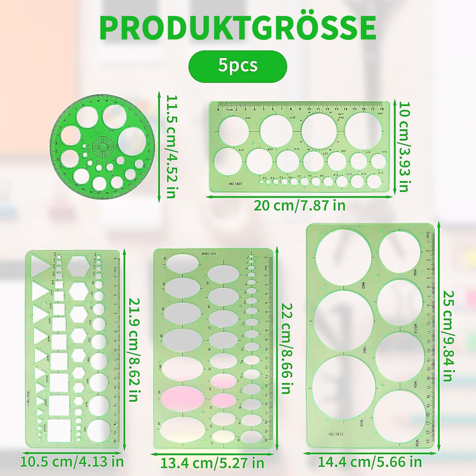 Stencil circolare, 5 pezzi, in plastica, per cerchi e ovali, stencil circolare, righelli geometrici, modelli per disegni geometrici per ufficio, edifici scolastici