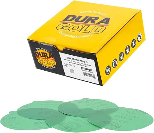 Miniatura 19 de Dura-Gold Discos de lija PSA de película verde de 5 pulgadas, grano 180 (caja de 50), discos de papel de lija autoadhesivos con parte trasera
