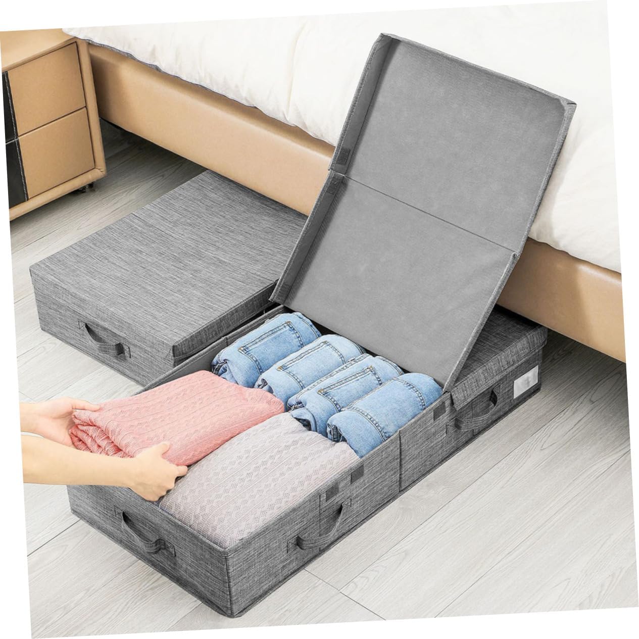 PRETYZOOM Low Profile under Bed Storage Box Clothes Organizer Quilt Blanket Bin Lids