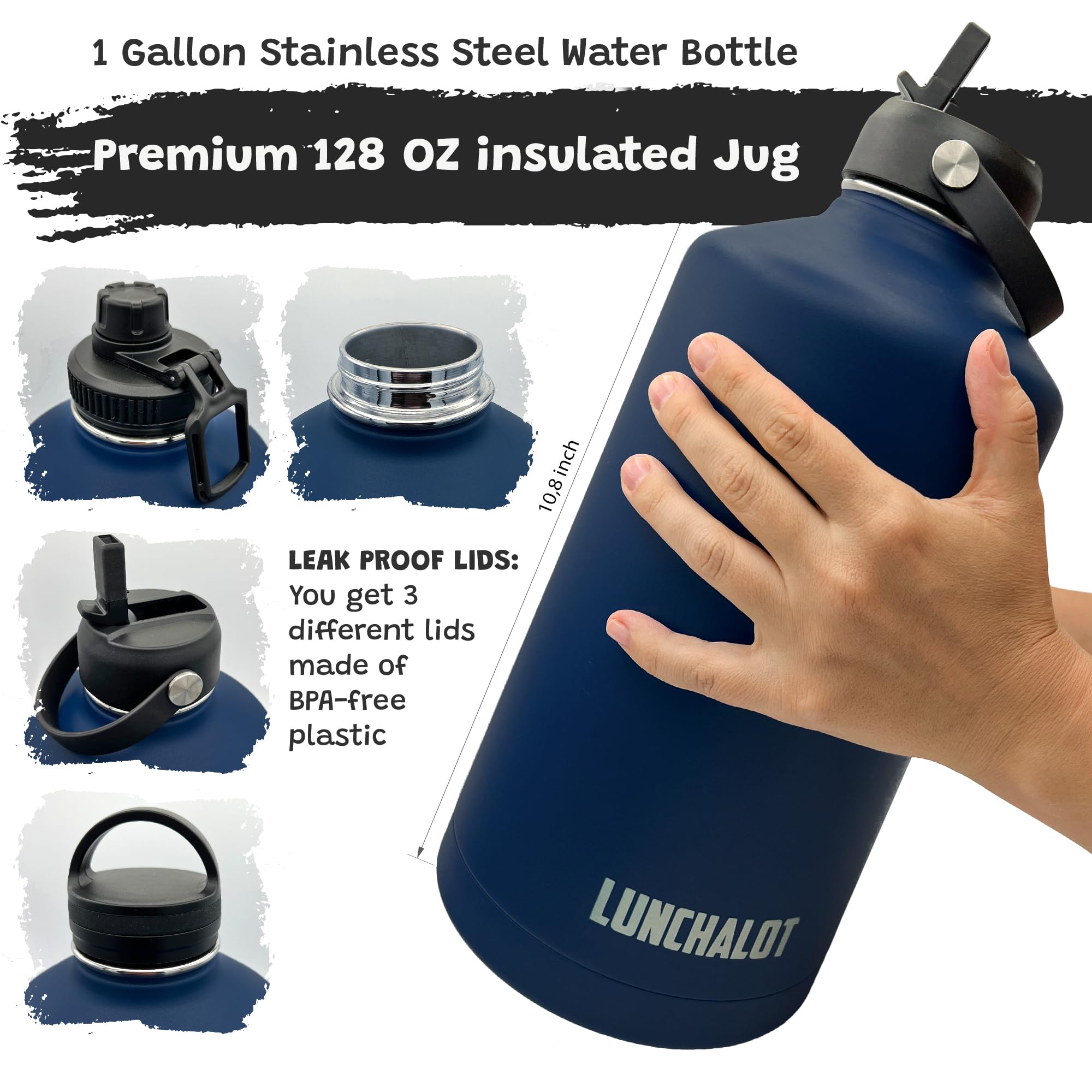 Botella de agua de 1 galón – Botella de agua aislada de acero inoxidable de 128 onzas con soporte, bolsa de transporte, asa de boquilla, tapas de pajilla, mantiene frío y caliente, termo