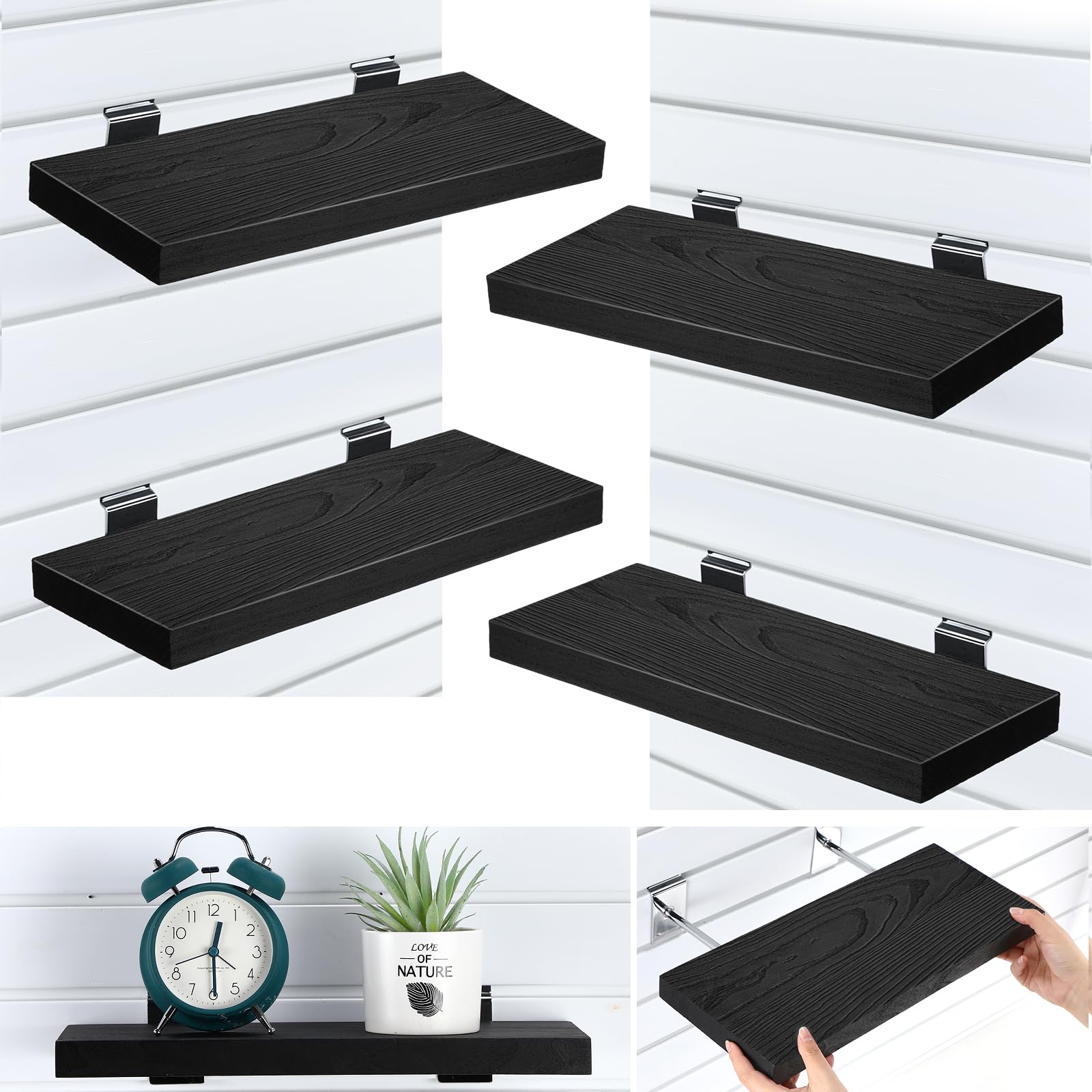 Landical 4 Pack Wooden Slatwall Shelf, 16.1" D x 6.7" W x 1.1" H Slatwall Shelves with Metal Hooks Organizer Set Mounted Accessories for Garage Home