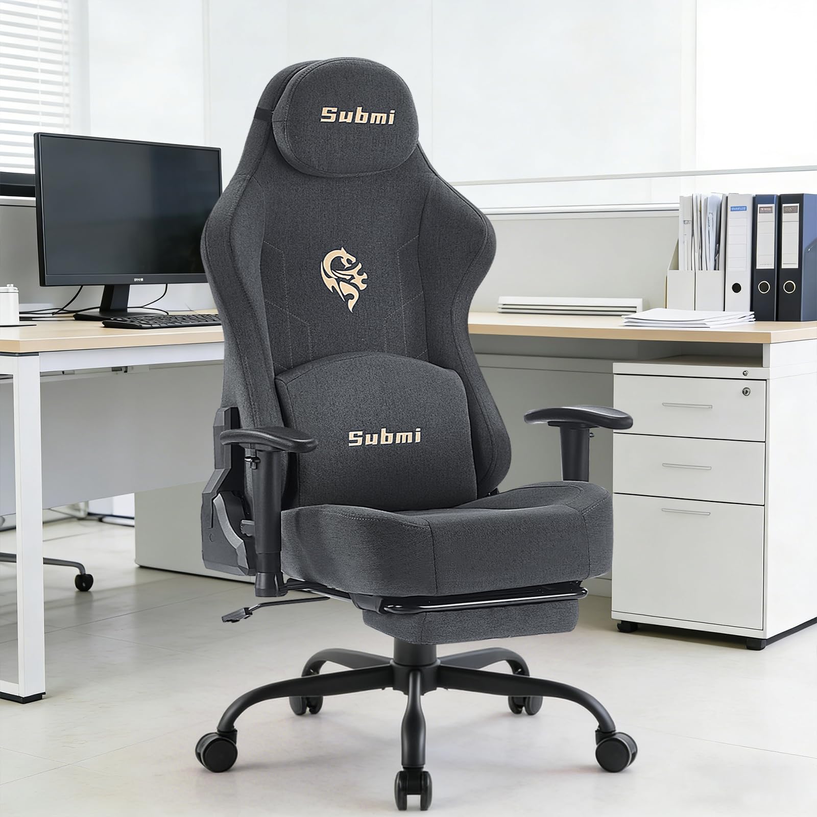 Chaise Gaming Ergonomique, Fauteuil Gaming Adulte avec Support Lombaire, Chaise Gamer Repose-Pieds et Chaise de Bureau Pivotante à Tissu, et Hauteur Réglable, Adolescent, 150kg (Gris Foncé)