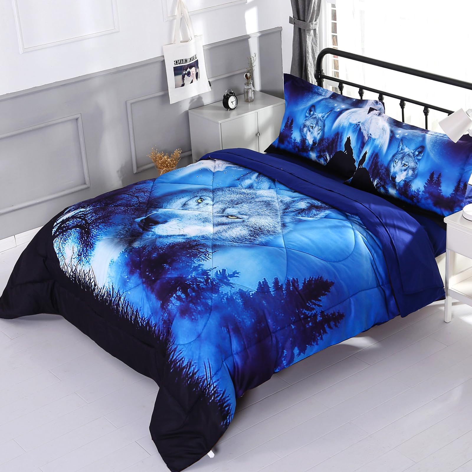 Wowelife Wolf Comforter Set for Queen Bed 5 Piece Wolf Bedding Set Blue Forest Kids Bedding Set Bed in a Bag for Boys with Comforter, Flat Sheet, Fitted Sheet and 2 Pillowcases