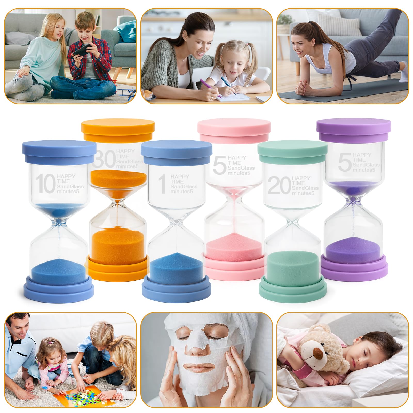 KAIYAY Set di 6 clessidre per bambini, con clessidra colorata per bambini, set da 1/5/10/15/20/30 minuti, timer in vetro per la vita dei bambini, apprendimento, tempistica, regali creativi