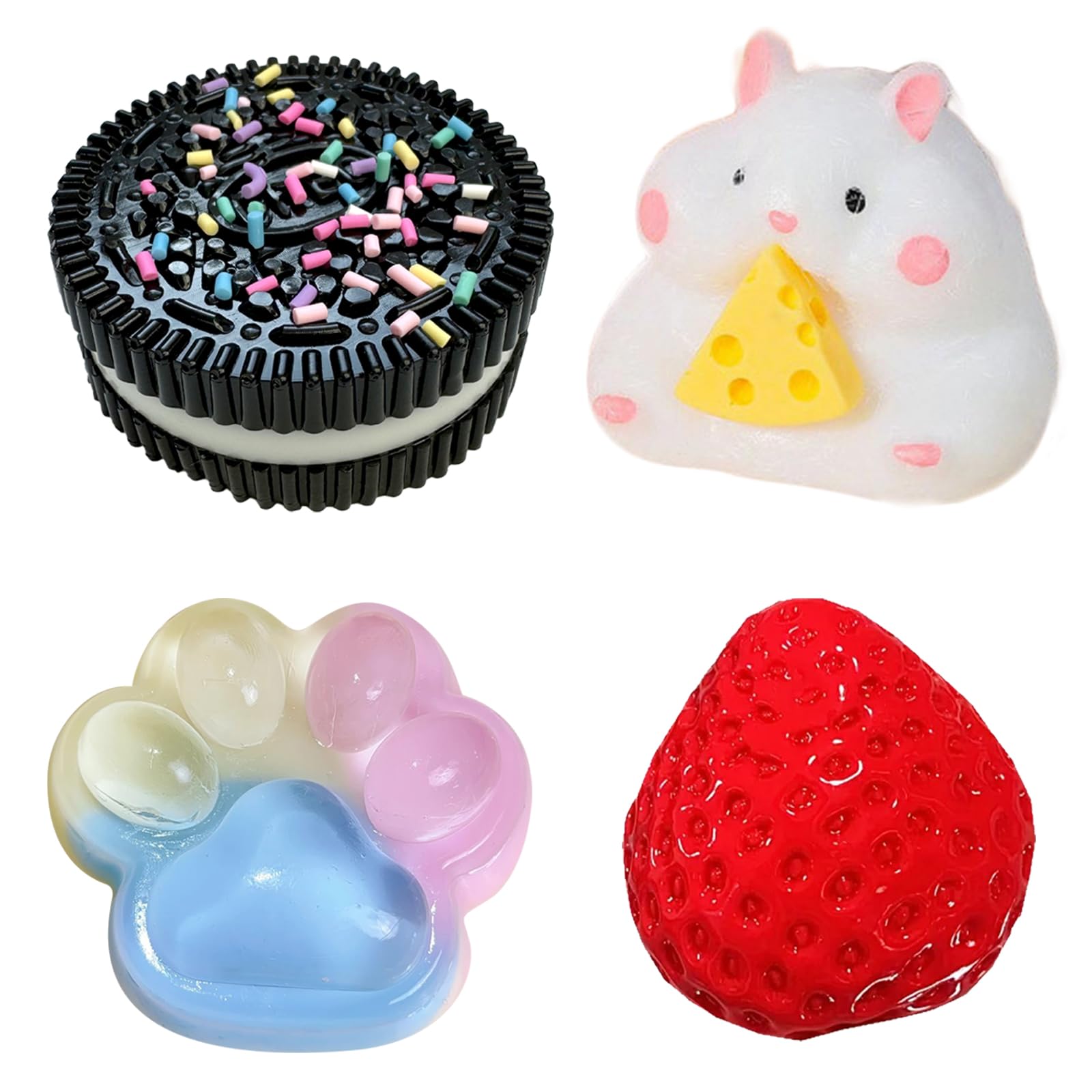 EDLMKM 4 PCS Squishy Toys Set, Super Soft Squeeze Toys, Fufu Squishy Stress Relief Toy, Strawberry + Hamster + Cat Paw + Hamster, Taba Squishy Set, Fun Birthday Gift for Anxiety Relief