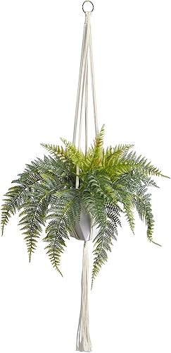 Nearly Natural Planta artificial colgante de helecho de 25 pulgadas en cesta decorativa