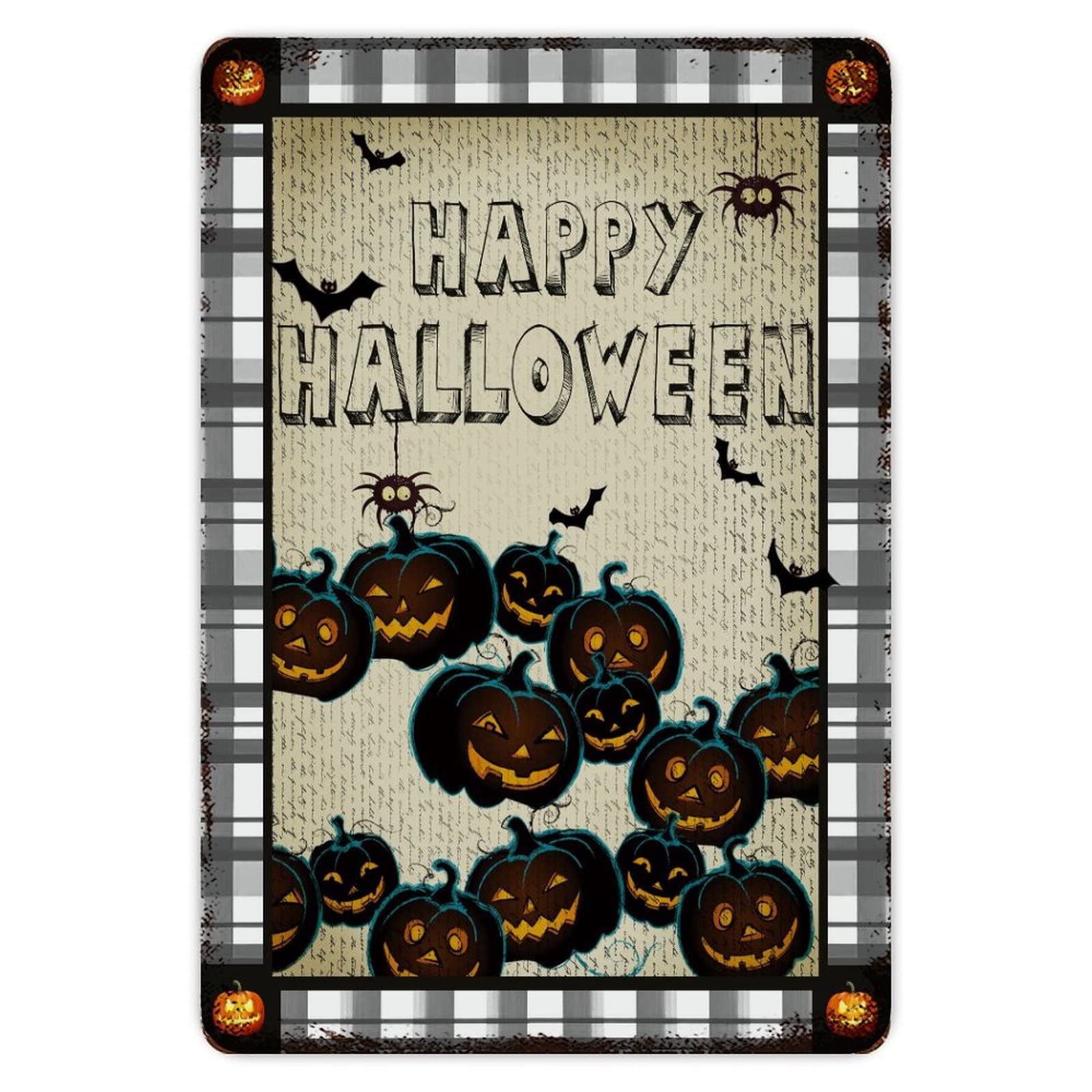 ENEDNATE Buffalo Plaid Happy Halloween Pumpkin Bats Spiders Ghost Moon Aluminum Tin Metal Sign for Indoor Outdoor Business Retail Store Patio Yard Home Decor Wall Art Print Poster 8"x12"