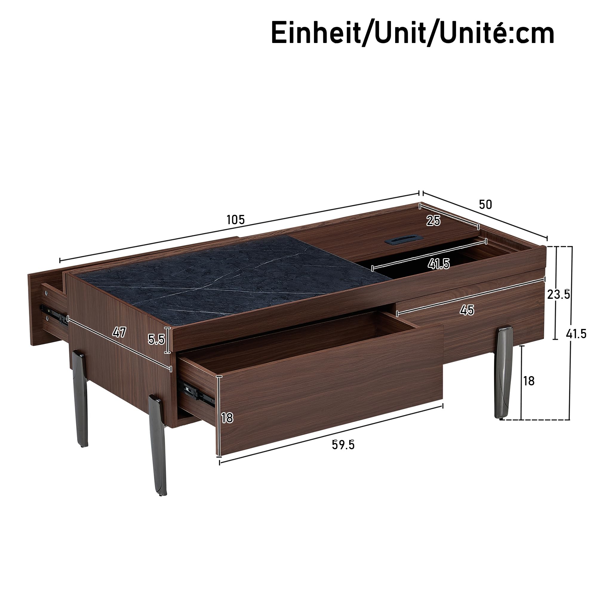Table basse moderne avec tiroirs et plateau en verre - Design en bois marron foncé avec aspect marbre, pieds en métal, beaucoup d'espace de rangement pour le salon