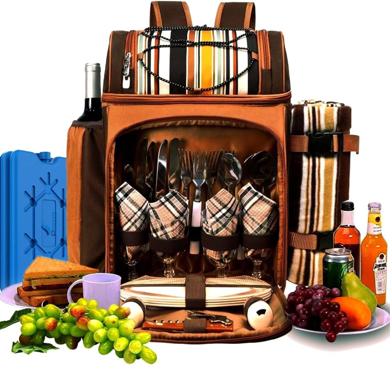 PICCASIO Insulated Picnic Backpack for Camping, Leakproof Cooler Bag with Wine Holder, Ice packs, Blanket, Cutlery Set & More – Lightweight & Spacious Picnic Basket with 2 ice pack PICCASIO Insulated Picnic Backpack for Camping, Leakproof Cooler Bag with Wine Holder, Ice packs, Blanket, Cutlery Set & More – Lightweight & Spacious Picnic Basket with 2 ice pack