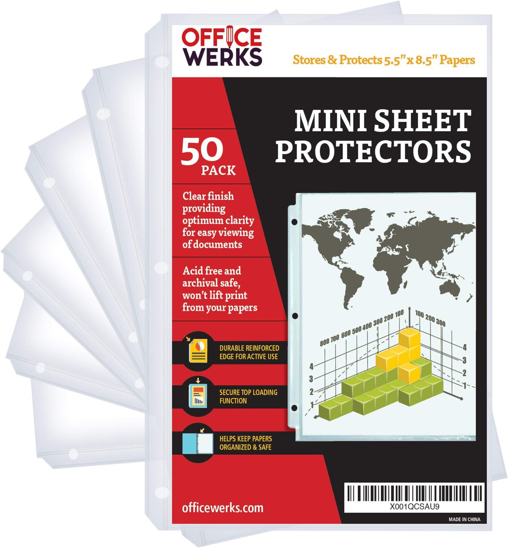 OfficewerksHeavyweight Clear Mini Sheet Protectors Holds 5.5 x 8.5 Inch Sheets, Fits a 3-Ring Binder, Crystal Clear and Acid-Free with Reinforced Holes, Top Loading, Archival Safe (50 Pack)