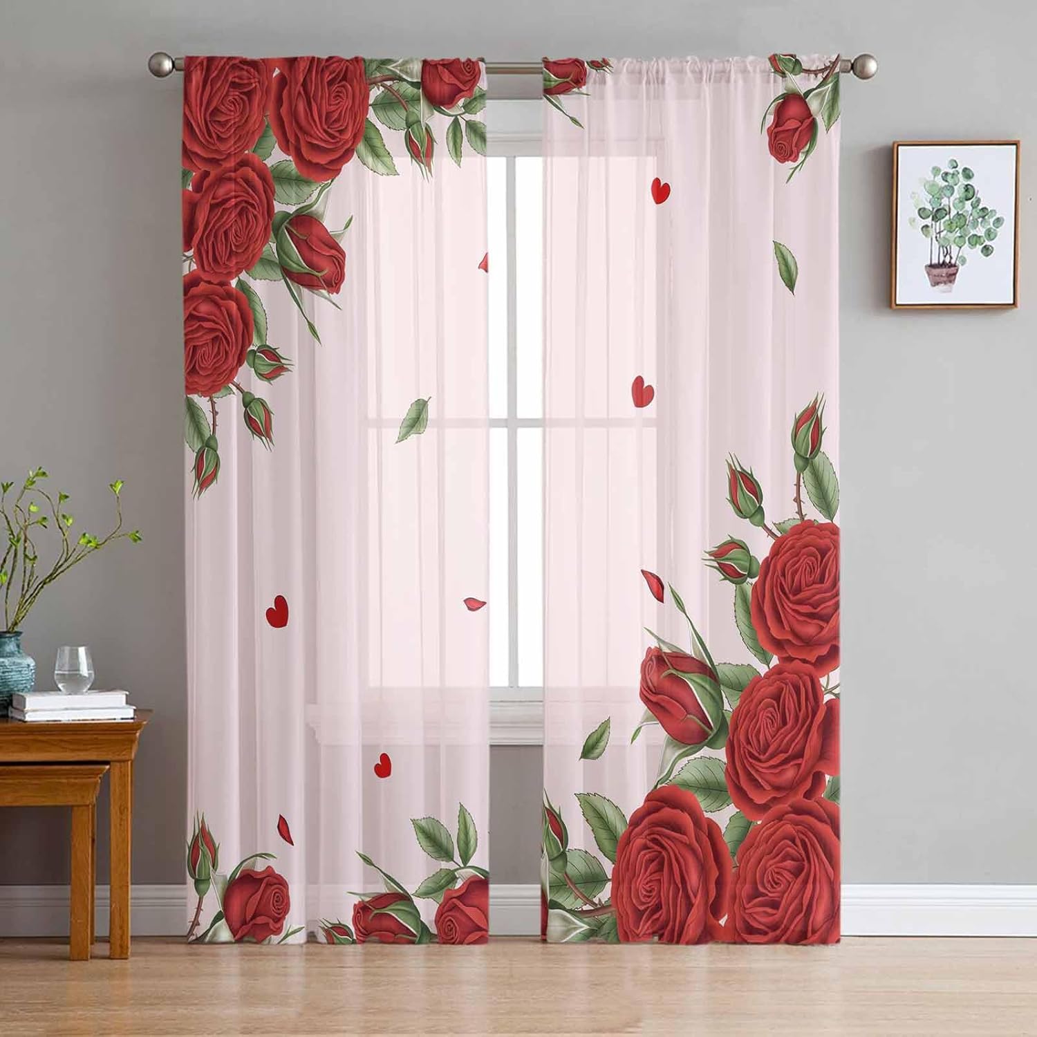 Valentine's Day Sheer Curtains 96 Inches Long Valentine's Day Red Rose Romantic Pink Curtains Rod Pocket Semi Sheer Panels Polyester Living Room Curtains Window Treatment, 2 Panels, 52x96 Inch