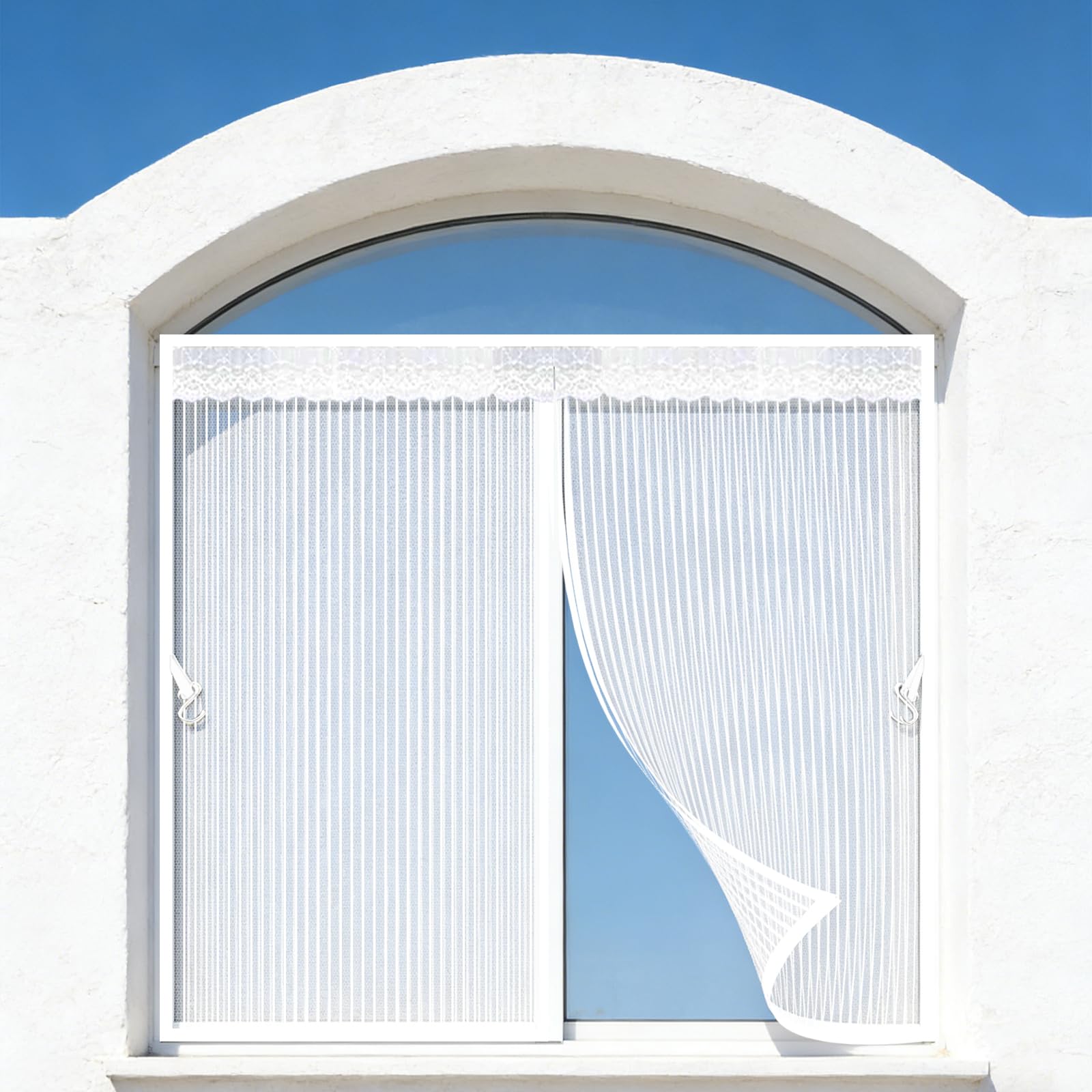 Moustiquaire fenêtre 164x101 cm blanche avec rideau aimanté anti-mouche pour patio