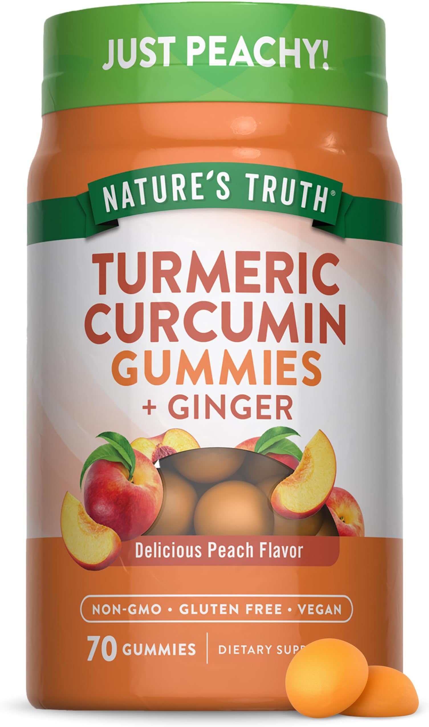 Turmeric and Ginger Gummies | 70 Count | Peach Flavor | Vegan, Non-GMO, & Gluten Free Supplement