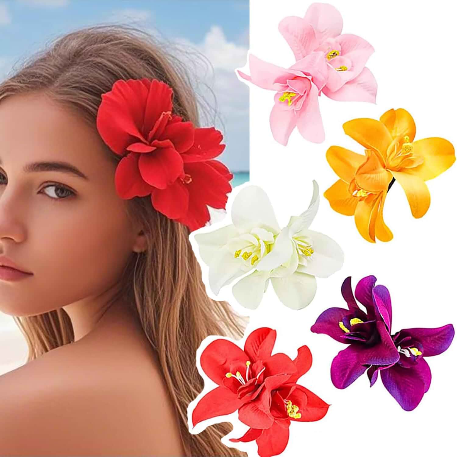 Hair Clips for Women - Bohemian Hawaiian Artificial Orchid Flower Hairpins Barrette Set, Tropical Beach Wedding Party Bridal Summer Vacation Hair Accessories (5 Pcs, 3.5 Inches) Orchid flower