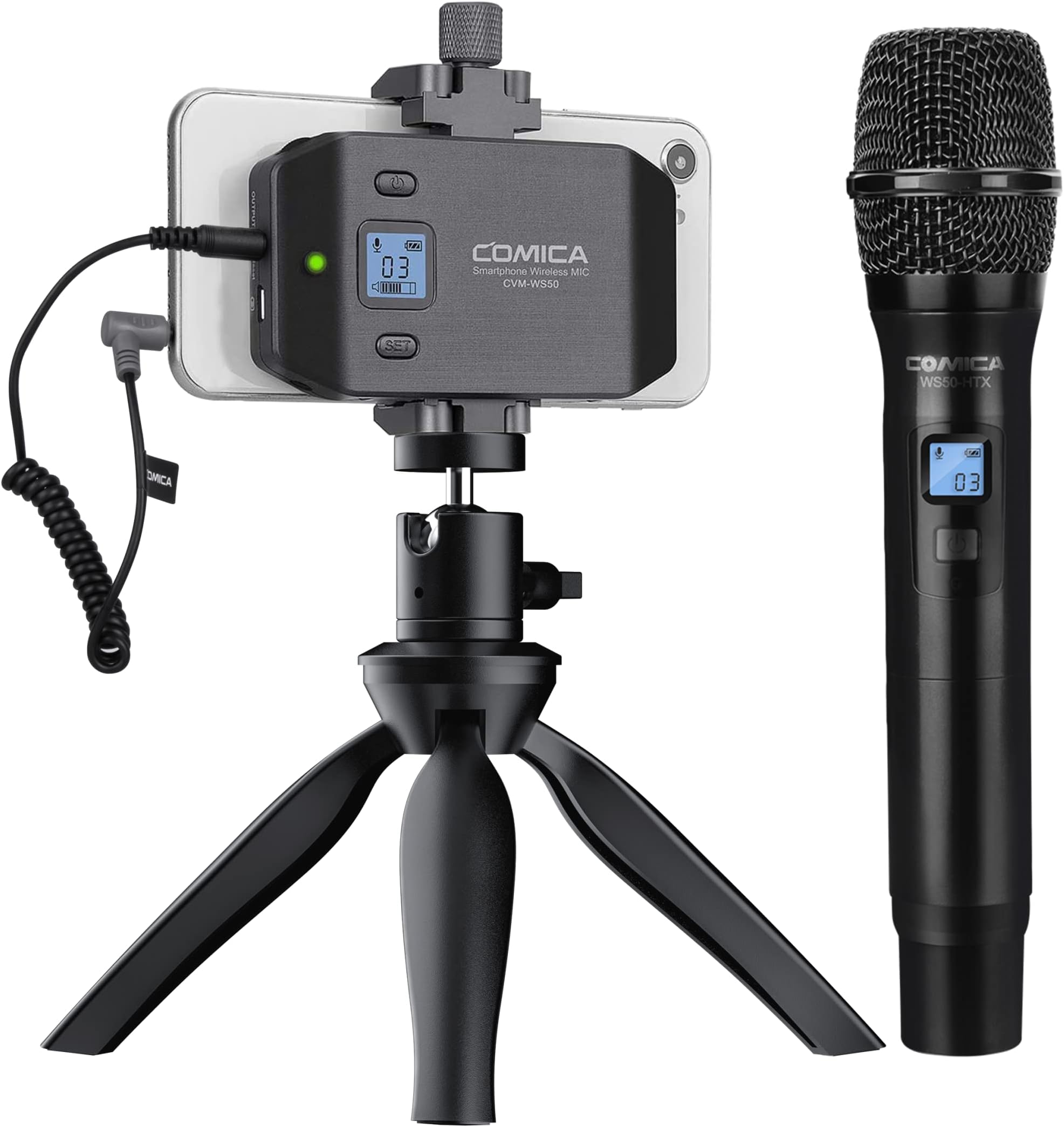 Wireless Microphone for Smartphone, Comica CVM-WS50(H) Handheld Microphone for iPhone/Android Phones Interview, Professional Recording Mic for Sing Video Vlog YouTube TikTok Facebook Livestream