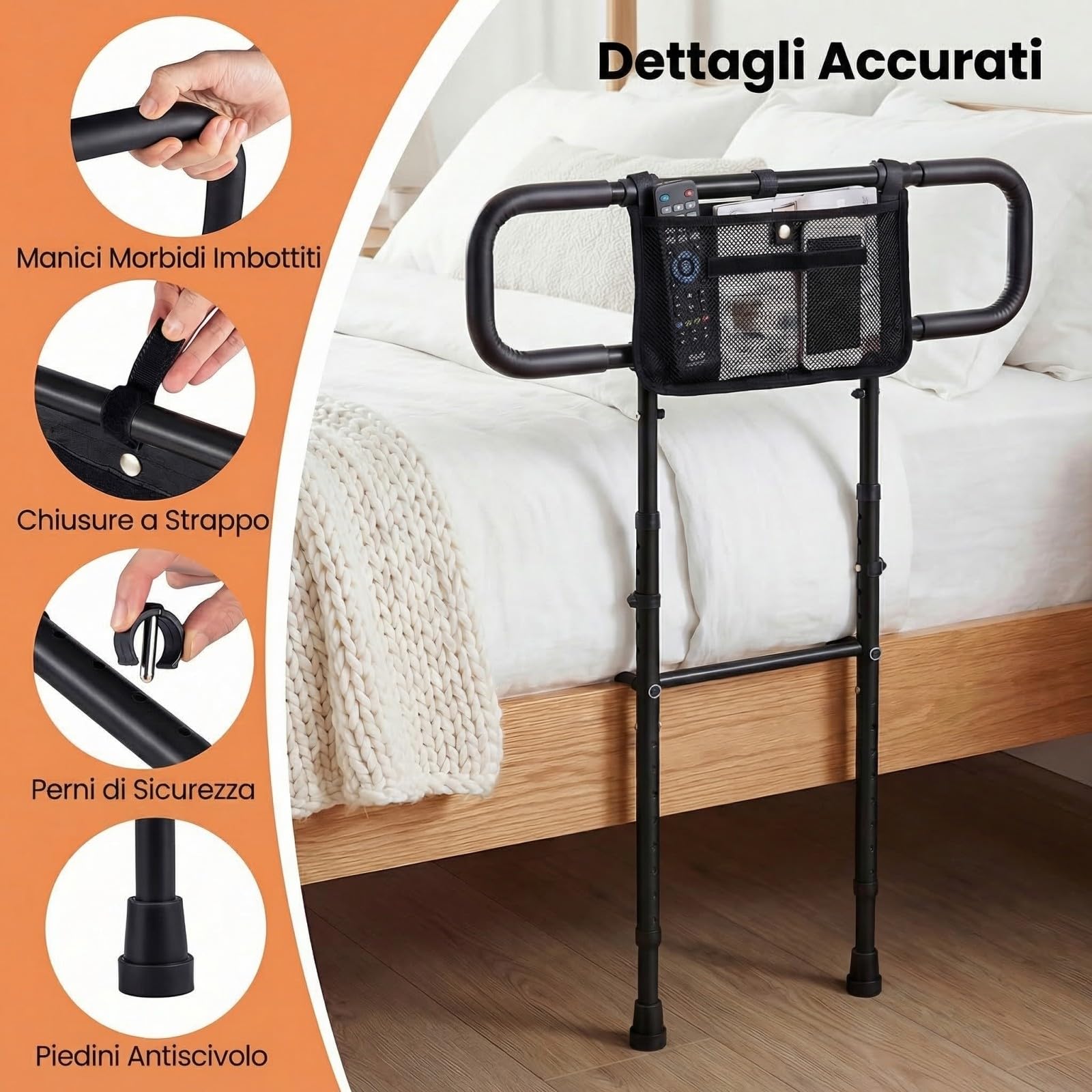 COSTWAY Sponda Letto Pieghevole per Anziani, Altezza/Larghezza Regolabile, Tasca Rimovibile, Maniglie Imbottite e Base a U, Sbarra da Letto con Cintura di Fissaggio, Supporto 136 kg (Nero)