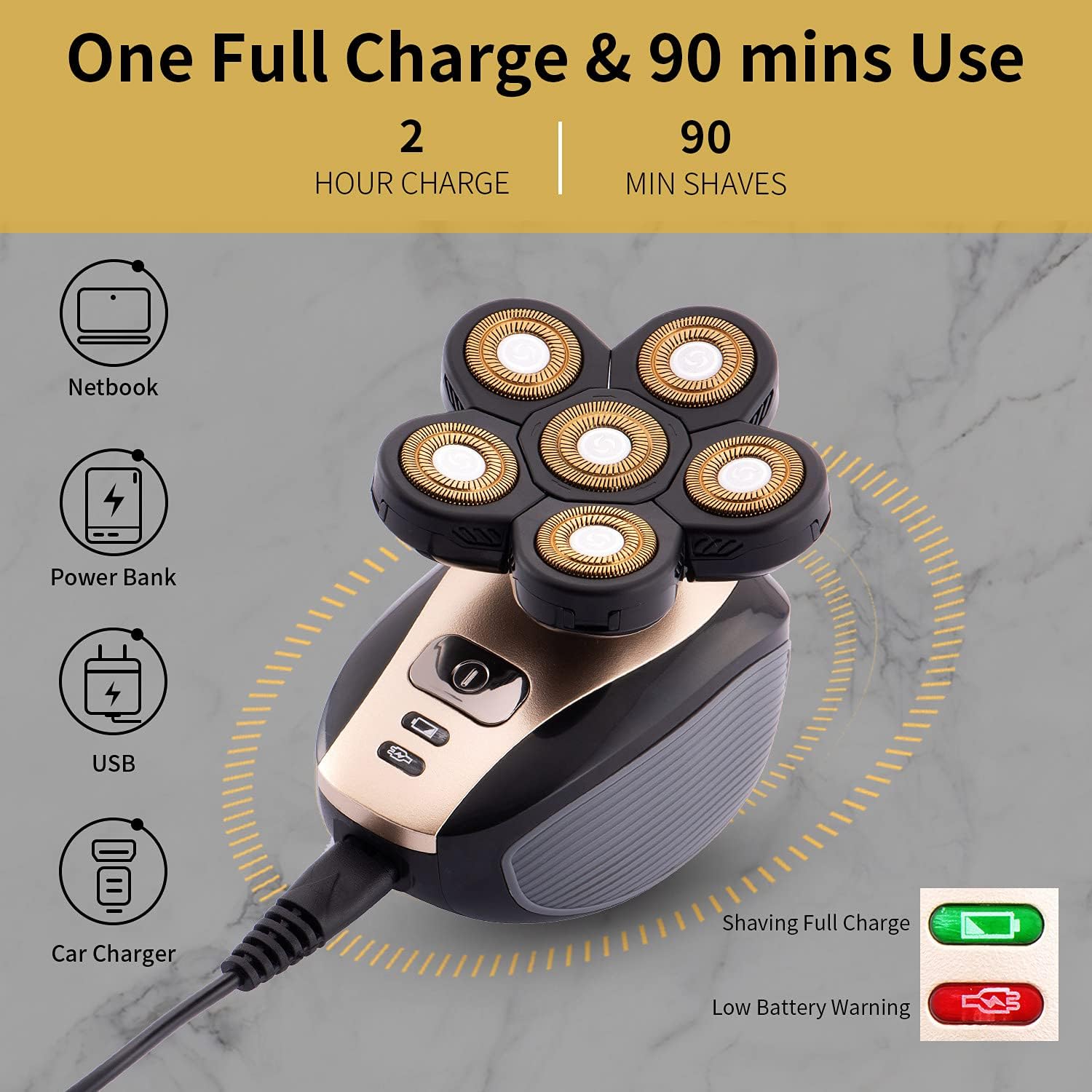 Head Shavers for Men - Upgraded Multifunctional Bald Head Shaver, Waterproof Electric Razor for Men Cordless Rechargeable Shaving Grooming Kit (Gold)