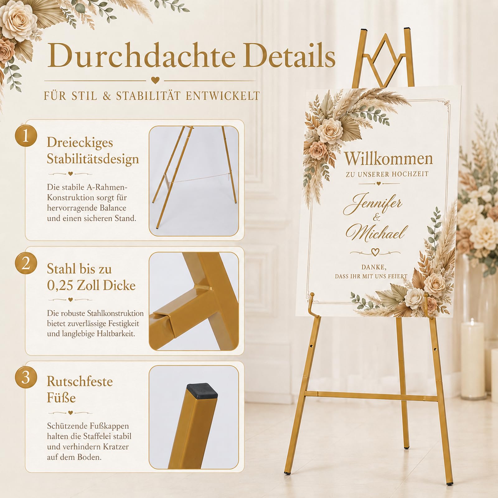 Chevalet doré pour mariage, plaque de bienvenue réglable