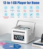 Vista 2 de Greadio CD Player Alarm Clock Boombox with Bluetooth, 5000mAh Boombox Clock Radio with CD Player, White Noise, FM/AUX/USB/TF/Dimmer/Remote Control