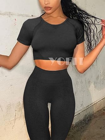 YOFIT Women's Workout Outfit 2 Pieces Seamless High Waist Yoga Leggings with Long Sleeve Crop Top Gym Clothes Set