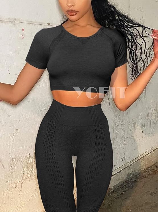 YOFIT Women's Workout Outfit 2 Pieces Seamless High Waist Yoga Leggings with Long Sleeve Crop Top Gym Clothes Set
