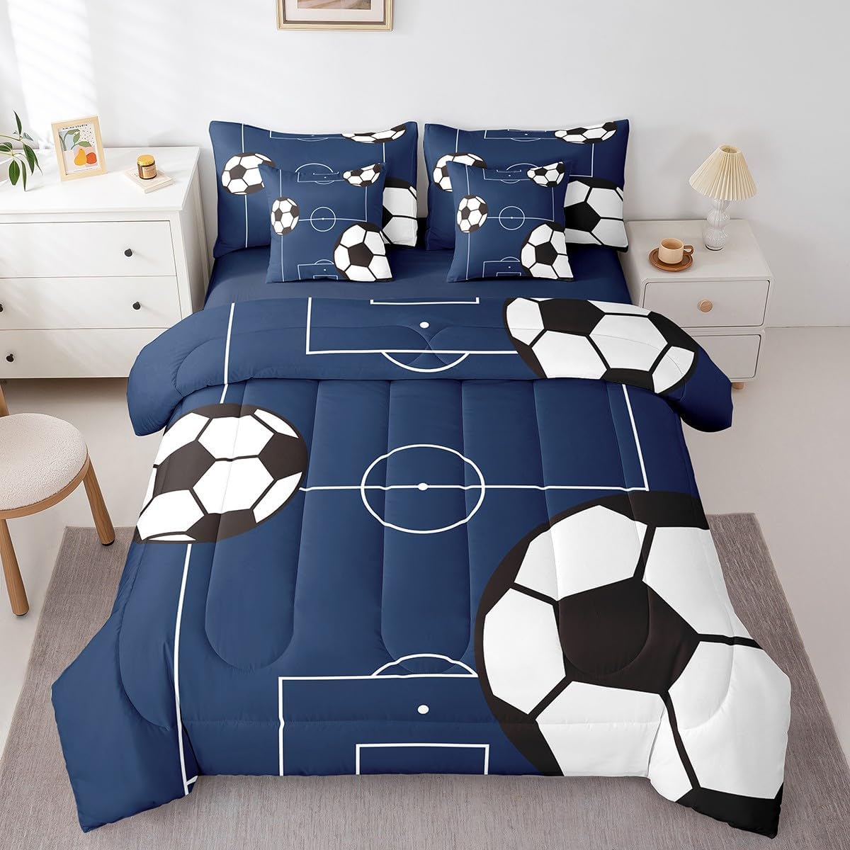 Feelyou Football Bedding Set Twin Size 7 Pieces Kids Soccer Ball Pattern for Boys Girls Teens Sports Theme Football Court Bed in a Bag with Comforter, Sheets, Pillowcases & Cushion Cover - Image 2
