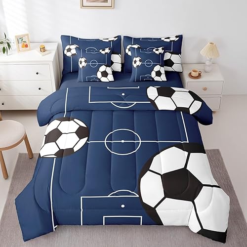 Miniatura 2 de Feelyou Juego de ropa de cama de fútbol, tamaño individual, 7 piezas, diseño de pelota de fútbol para niños, niñas, adolescentes, temática