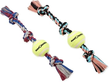 Mammoth Flossy Chews Color 3 Knot Tug w/Standard Tennis Ball Premium Cotton-Poly Tug Toy for Dogs Interactive Rope Dog Toy 20 - 2 Pack Assorted Colors