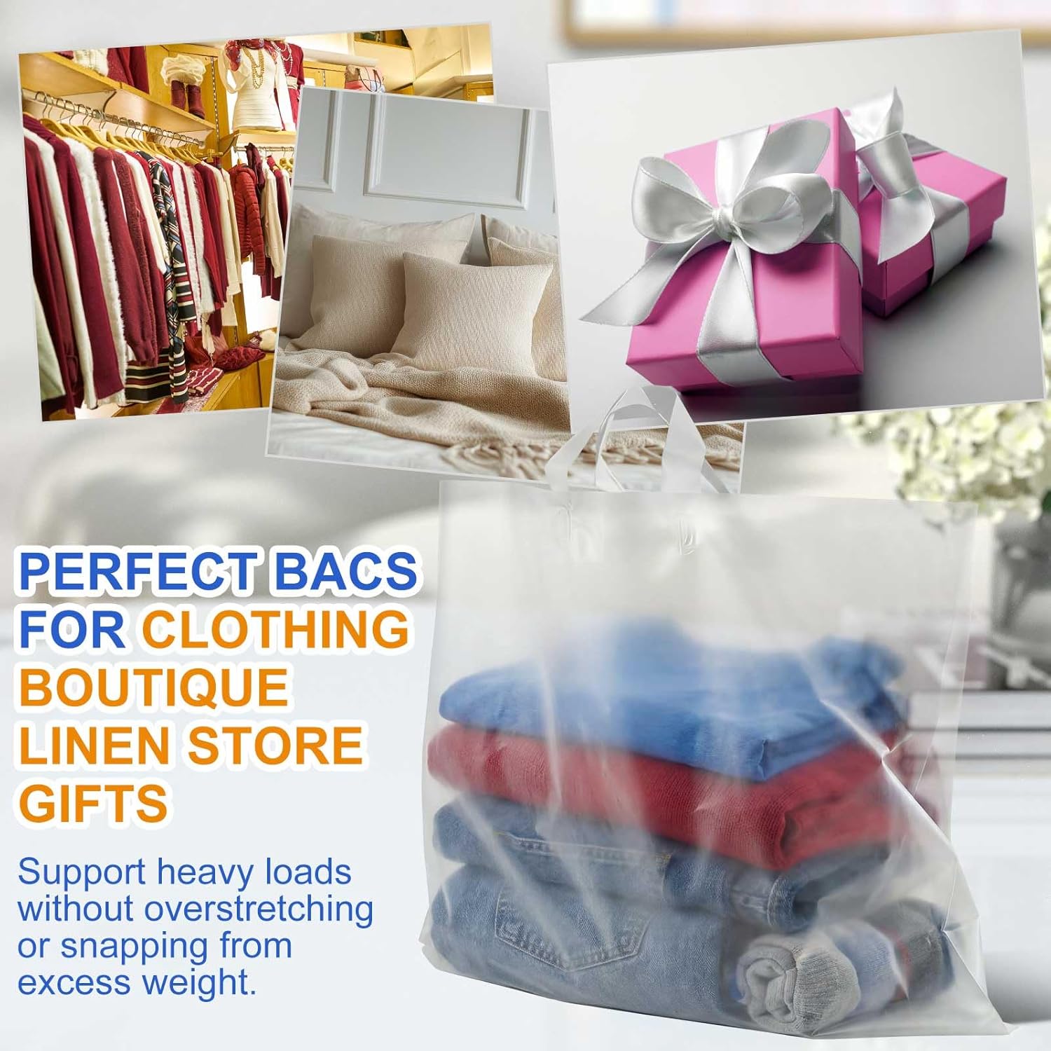 Qilery 100 Pack 20" x 20" Large Clear Plastic Shopping Bags with Handles Reusable Merchandise Gift Bags Bulk for Small Business Merchandise Retail Grocery Packaging Gift Giving