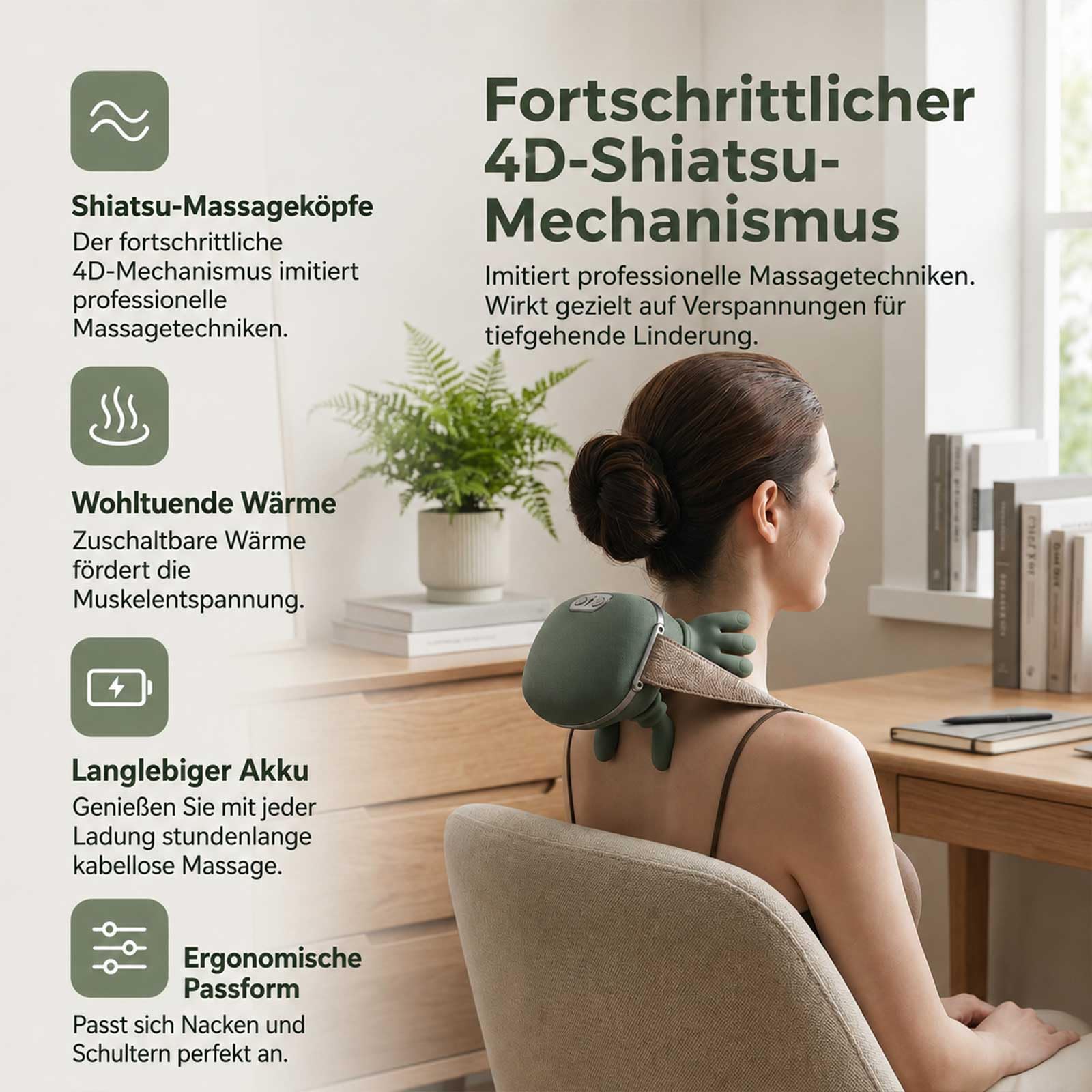 4D Nackenmassagegerät mit Wärme, Tragbares Nacken und Schulter Shiatsu Massagegerät, Kabellos Tiefengewebe Knetmassagegerät mit USB-C, 3 Modi & 2 Heizstufen, Ideal für Büro, Zuhause & Reise