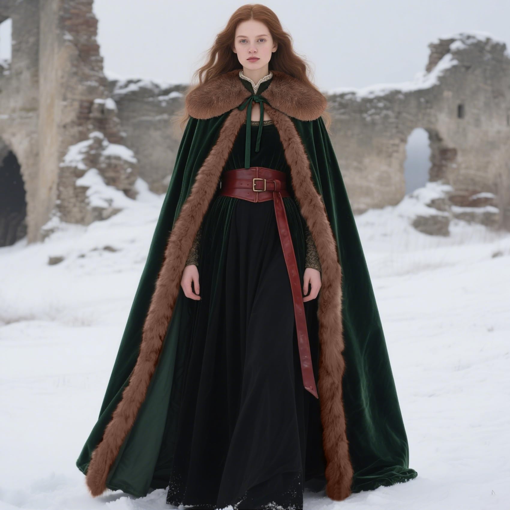 keland Renaissance Samt Umhang mit Wikinger Fell Kragen für Damen Halloween Kostüm (Grün )