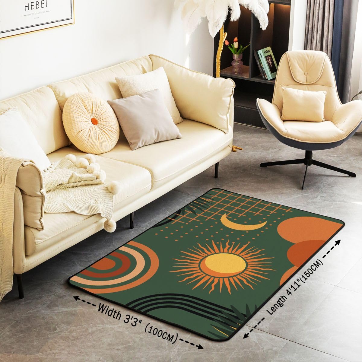 Homewish Geometryczny dywan z połowy wieku 150 x 200 cm do sypialni - słońce i księżyc boho geometryczne dywany salon boho abstrakcyjne linie nie gubi włosia dywan duże dywany