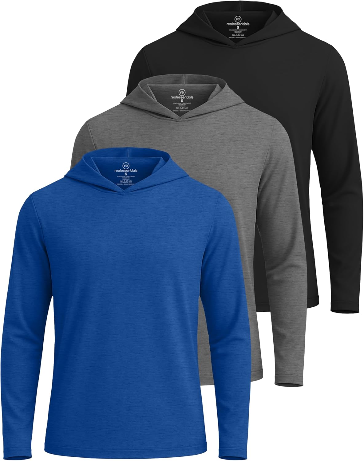 Real Essentials 3 Pack: Men's Dry Fit Wicking Long Sleeve Fishing Active Hoodie Pullover Sweatshirt (Big & Tall)