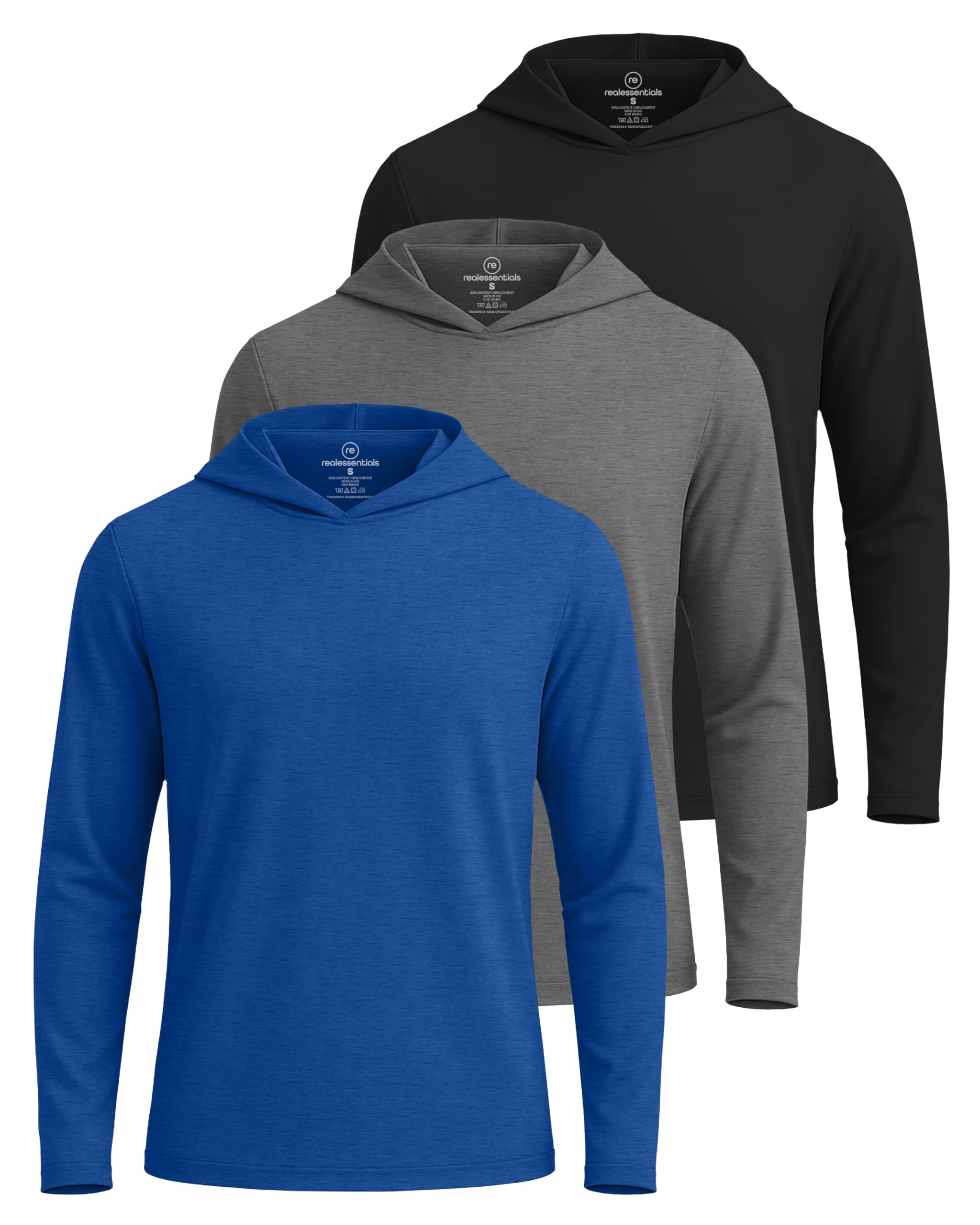 Real Essentials 3 Pack: Men's Dry Fit Wicking Long Sleeve Fishing Active Hoodie Pullover Sweatshirt (Big & Tall)
