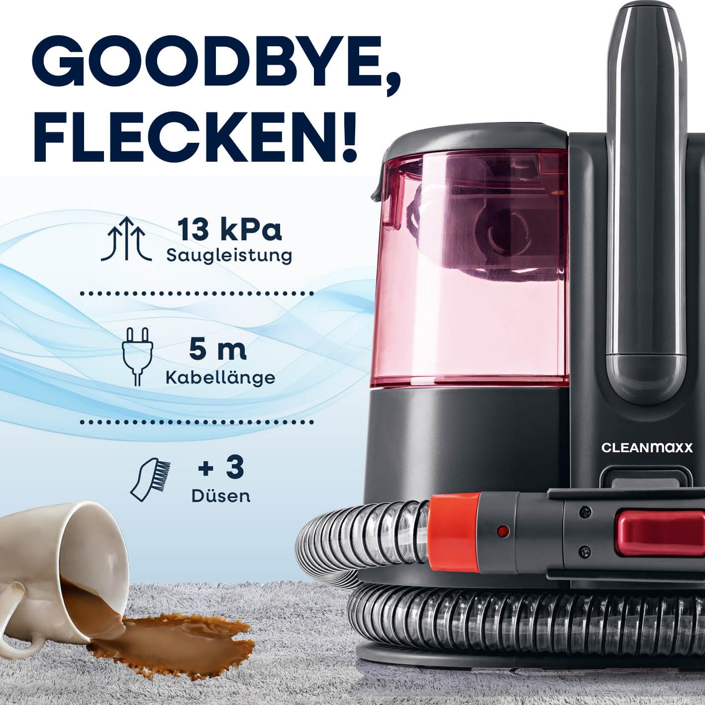 CLEANmaxx Pro Power Polsterreiniger Gerät 600W Rot | leistungsstarker Waschsauger mit Dual-Tank & Selbstreinigung | ideal für Sofa Auto Teppich Polster | starke Fleckenentfernung