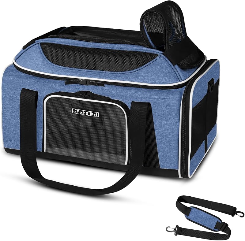 Top-Expandable Small Pet Carrier 17"x12"x8.5" Airline Approved | for JetBlue/Frontier/Spirit Airlines, Lockable Safety Zippers and Anti-Scratch Mesh, Soft-Sided, Pets Under 8 Lbs, Blue