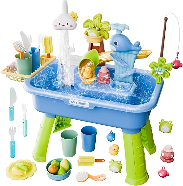 Generico Tavolo 'Acqua per Bambini da Esterno 4 in 1, Gioco di con Acqua Corrente E Pompa, Giocattolo Interattivo, Ideale per Estate Esterno, Regalo Compleanno per Bambini 4-8 Anni - 1