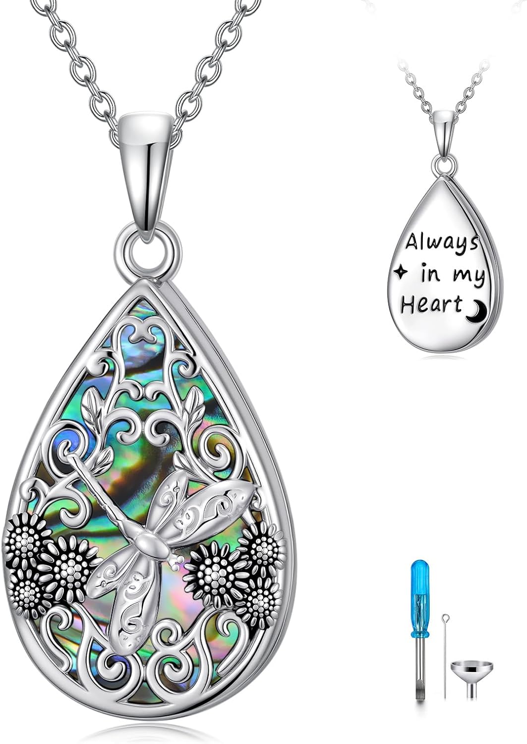 WINNICACA Urn Necklaces for Ashes 925 Sterling Silver Butterfly Hummingbird Dragonfly Teardrop Ash Necklace Cremation Jewelry Urn Pendants for Women Memorial Gifts for Birthday Christmas Funeral