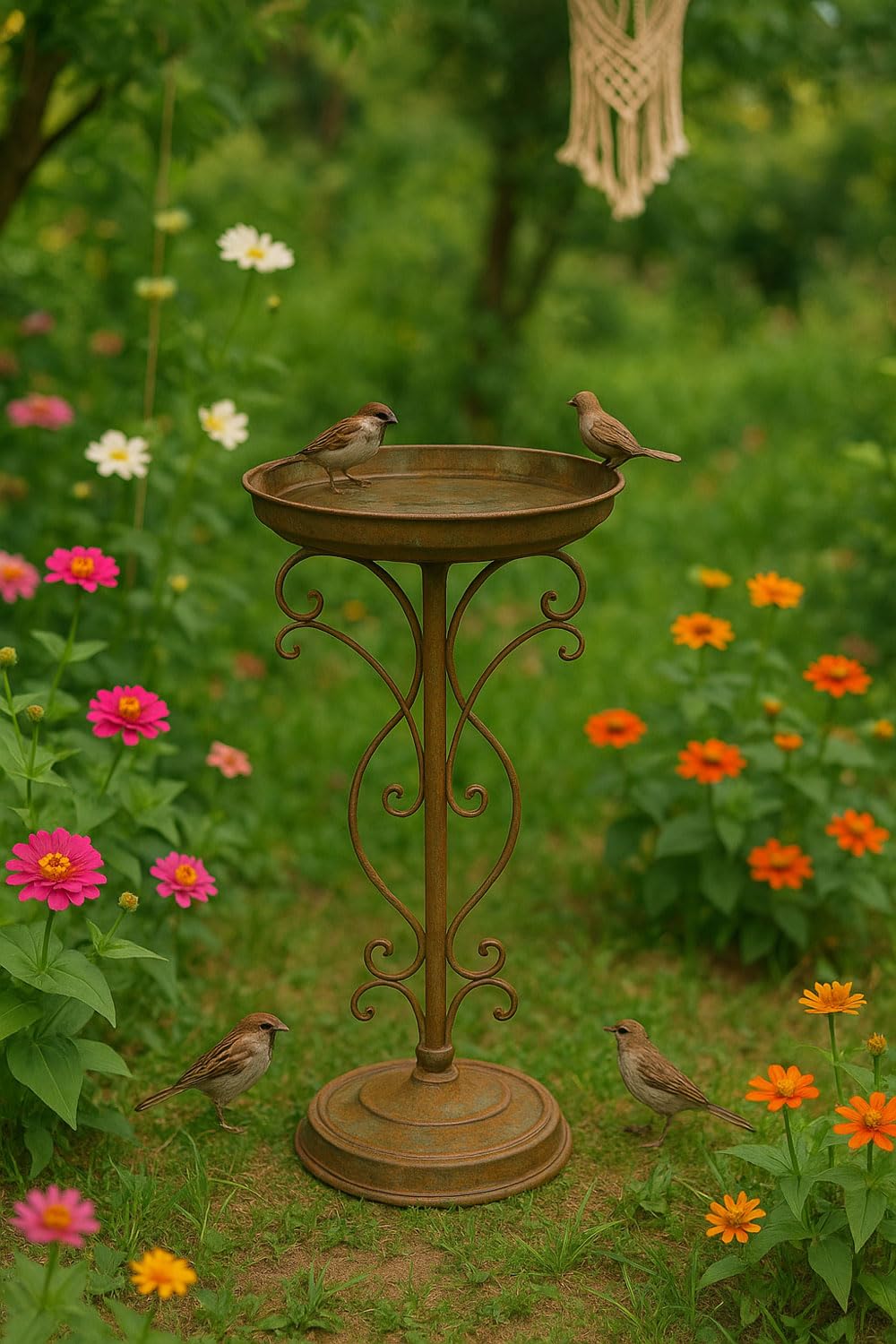Vogeltränke VINTAGE GARTEN 74 cm Eisen Vogelbad Shabby Chic Antikoptik Wasserschale mit Figur Garten Deko Nostalgie Patina Metalltränke romantisch Terrasse Beet Wasserschale Vintage Landhaussti