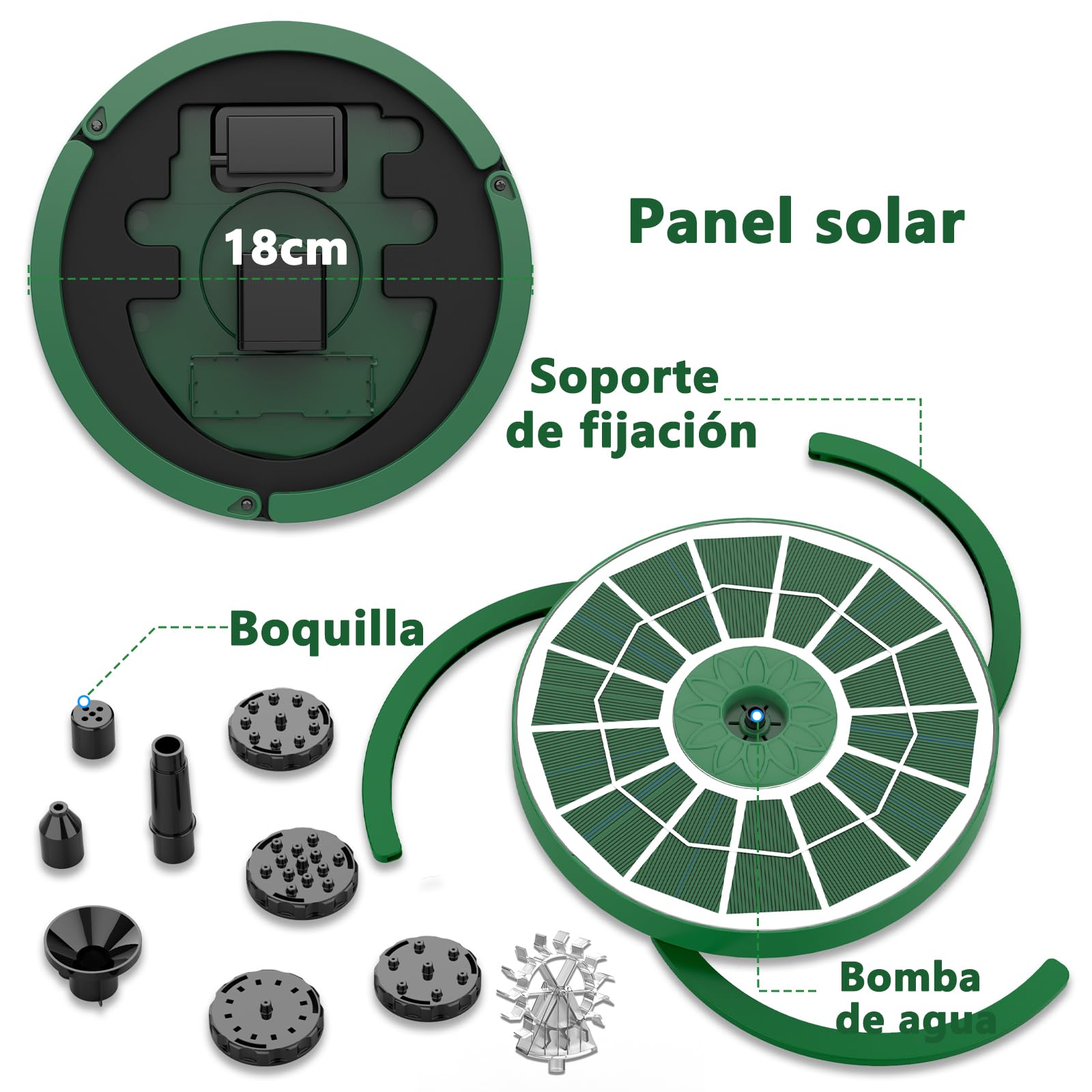 AISITIN Fuente Solar Jardin Exterior, Fuente Jardin con Múltiples Boquillas y Soportes Fijos, Bomba de Agua Solar con Panel de Cristal Verde Oscuro para Estanque, Piscina,Baño de Pájaros