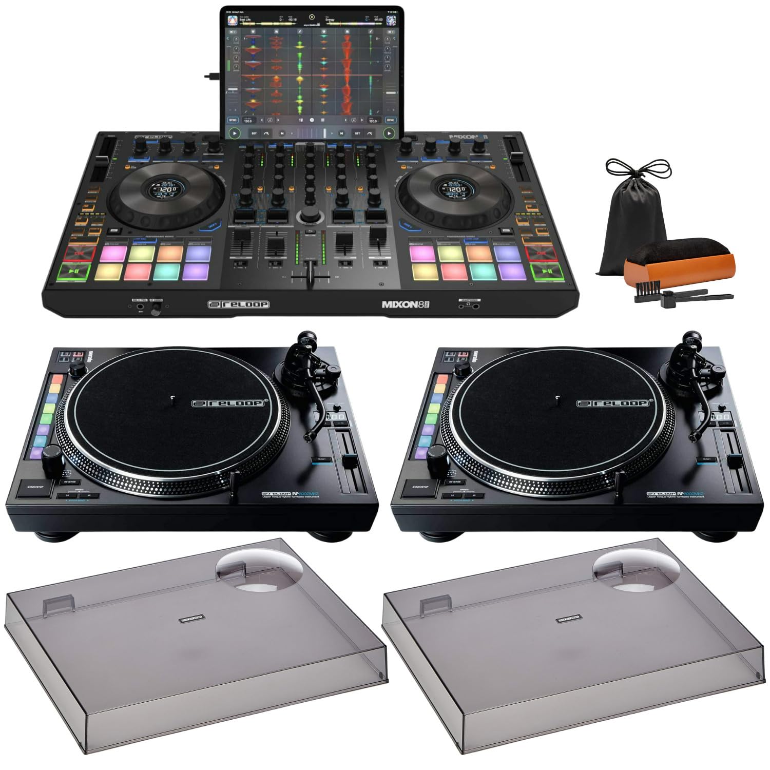 Reloop Mixon 8 Pro 4-Channel DJ Controller for Serato DJ Pro - Hybrid, Sturdy Build, Professional DJ Mixer Bundle with Advanced Hybrid Torque Turntables, Dusk Cover, and Cleaning Kit (4 Items)