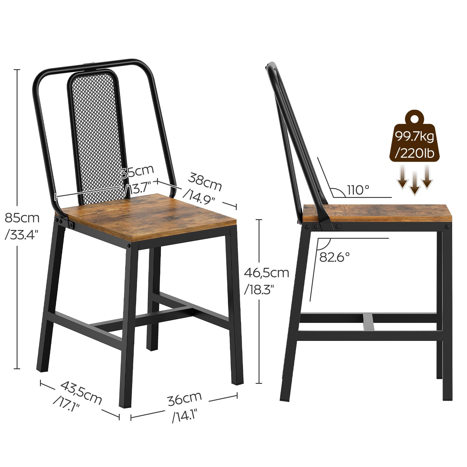 CY01L4BRN1 - Juego de 4 sillas de comedor de madera, sillas de comedor de granja con soporte trasero, para sala de estar, cocina, marrón rústico y negro 3