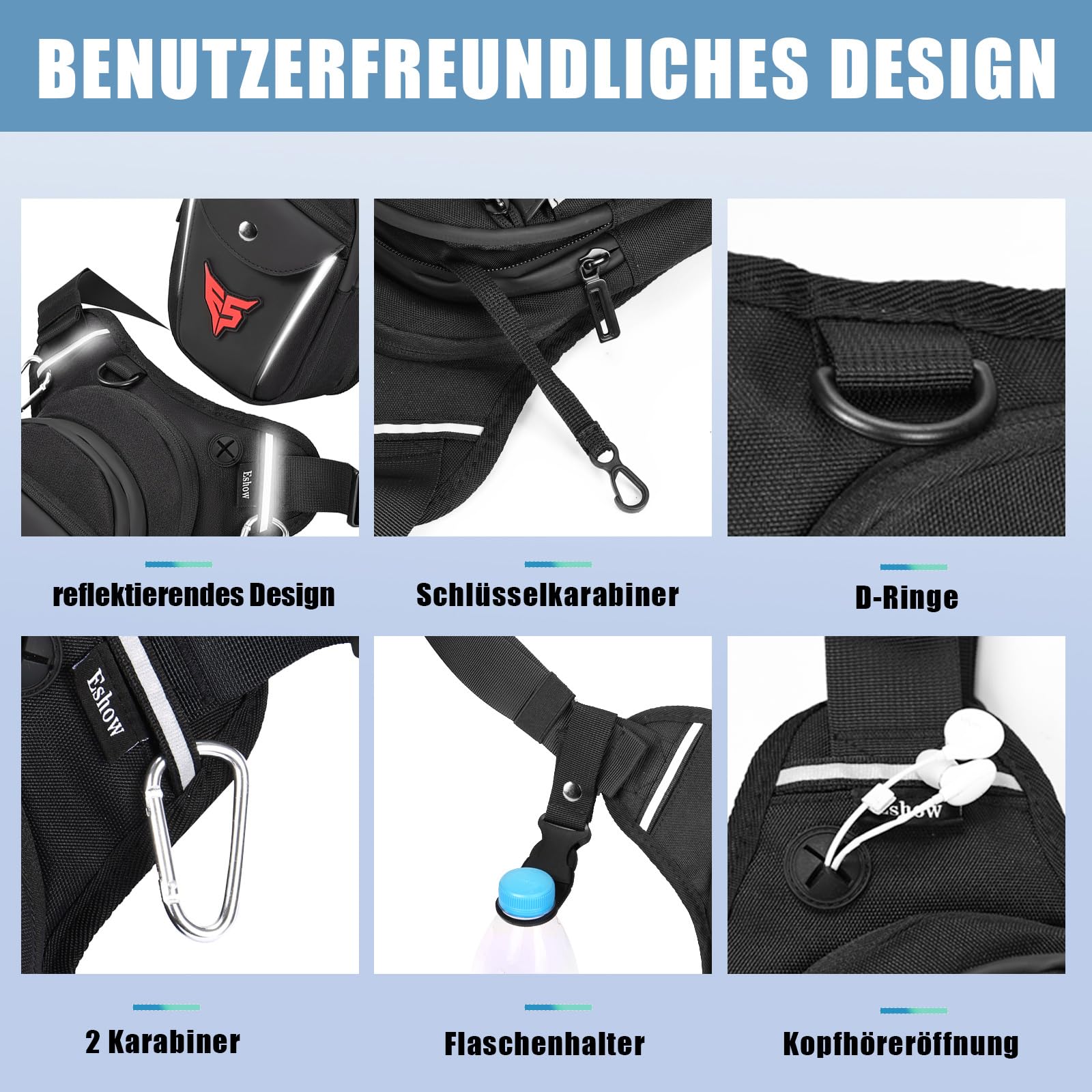Eshow Beintasche Motorrad für Herren Damen, Oberschenkeltasche Gürteltasche Erweiterbare Stauraum, Bauchtasche mit 1 Flaschenhalter 2 Karabinern Reflexstreifen für Wandern Radfahren Schwarz