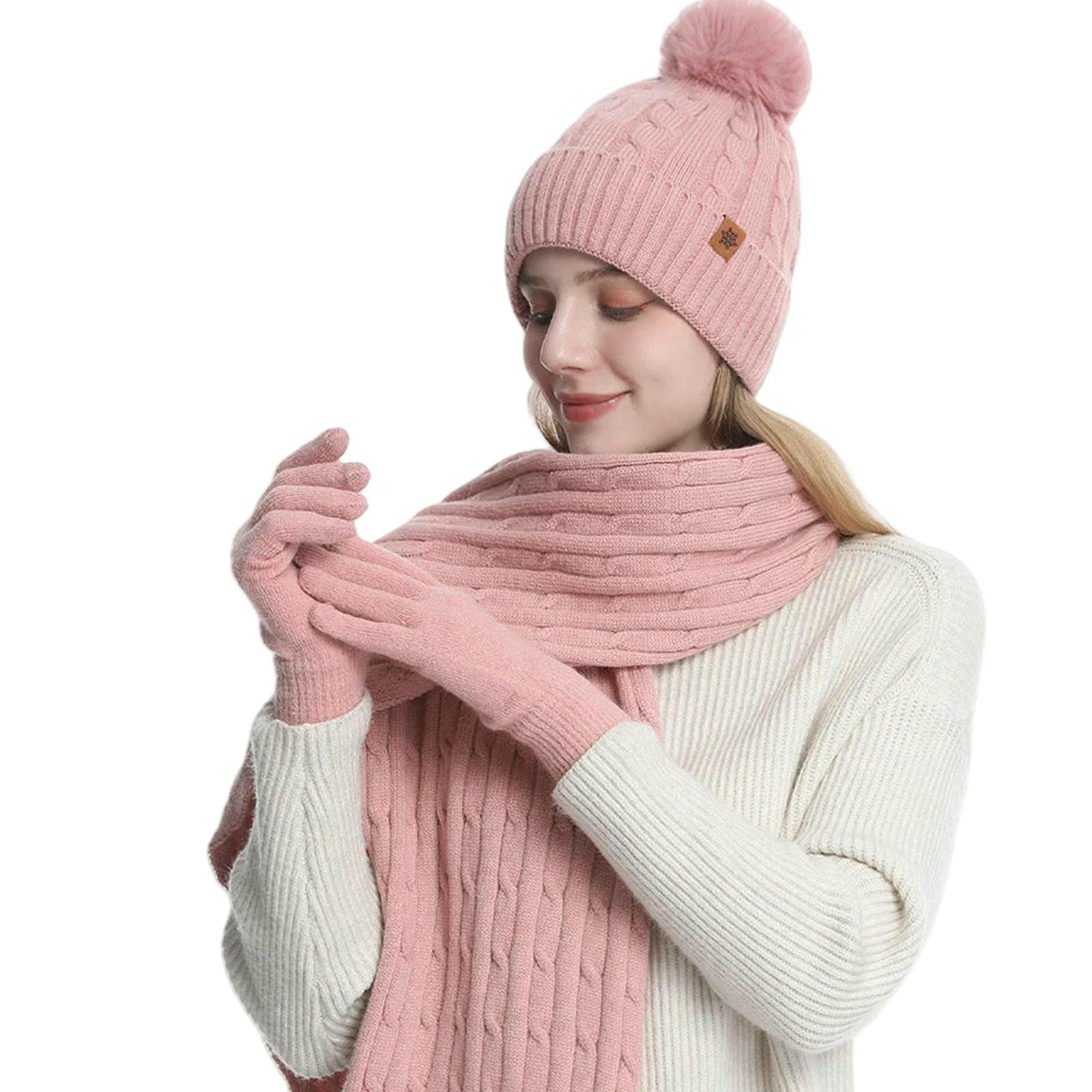Mütze,Schal & Handschuh-Sets 3 Teile Satz Frauen Winter Hut Schal Handschuhe Faux Pelz Ball Teenager Mädchen Gestrickte Wärmer Anzug Warme Winddicht Frau Kappe Set-rosa-56-60cm