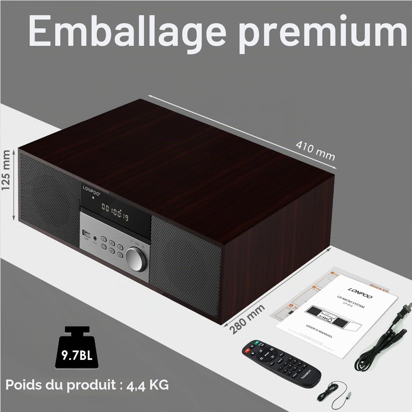 Micro Chaîne HiFi stéréo compacte - Haut-parleurs 40 Watts avec Lecteur CD, Bluetooth, Radio FM, USB, AUX-in, Grand écran LED et Bouton, télécommande (LP-816)