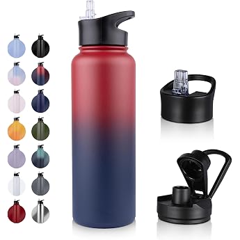 Stainless Steel Drinking Bottle - 1.2 L - with Straw Leak-Proof Suitable for Carbonated Drinks BPA-Free Thermos Bottle + 2 Lids Vacuum Double Wall Insulation for Sports Travel Camping School Bicycle Gym