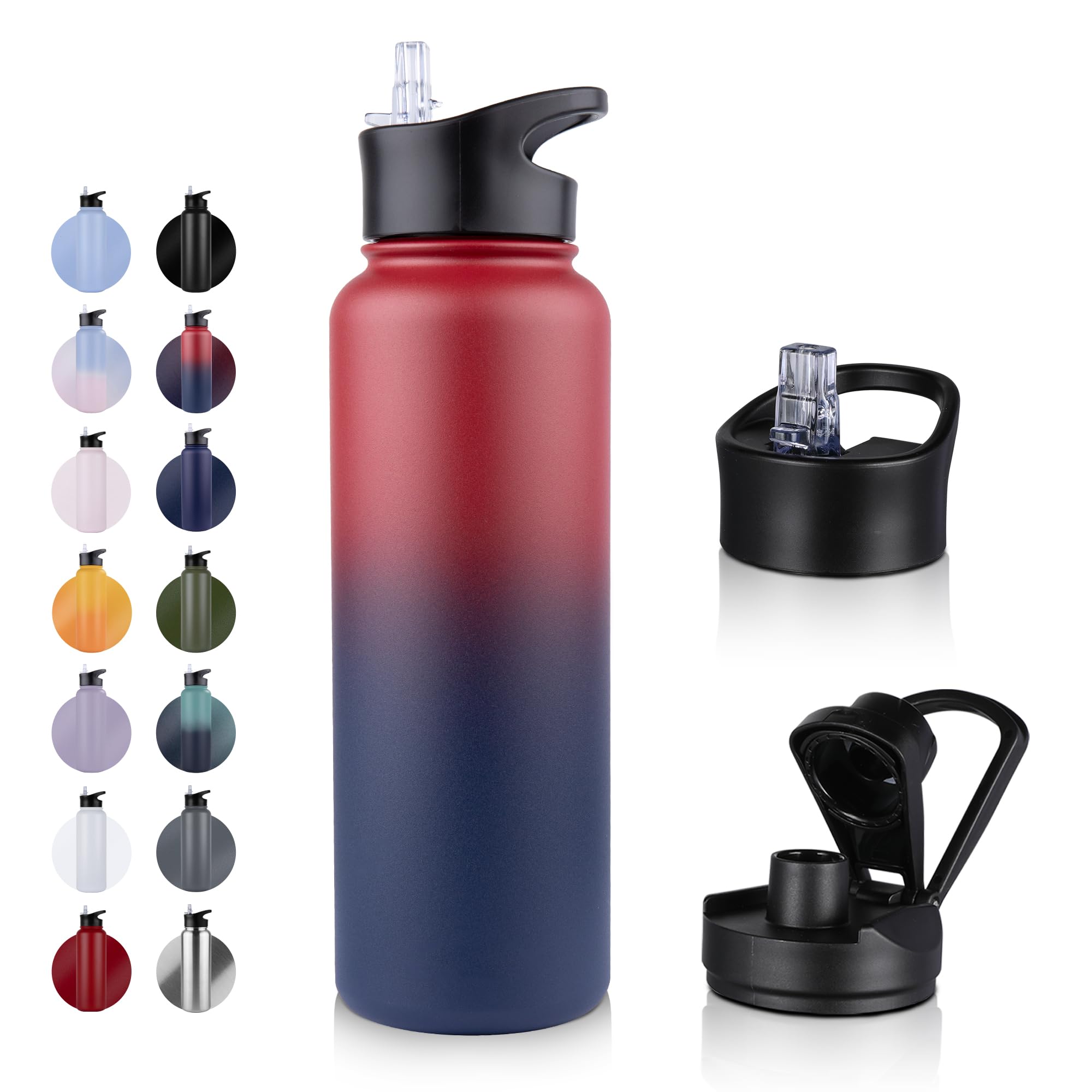 UMBFUN Insulated Water Bottle - 1.2L 2 Lids (Straw Lid and Spout Lid) - with Straw,Stainless Steel Double-Walled Insulated Vacuum Leakproof,BPA Free,Drink Flask for Travel Sports Gym Camping Hiking