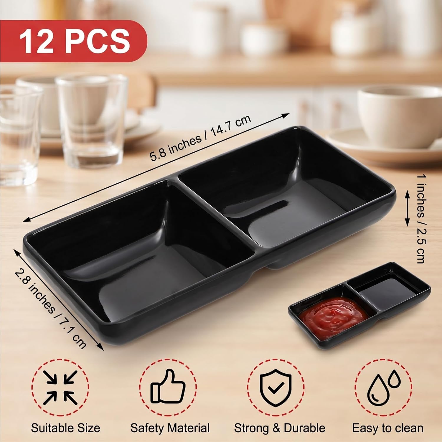 12 Pieces Dual Dipping Sauce Bowls, Melamine Soy Sauce Dish | Black Dipping Bowl with 2 Compartments, Divided Appetizer Plate for Sushi,Party Snacks, Restaurant Kitchen